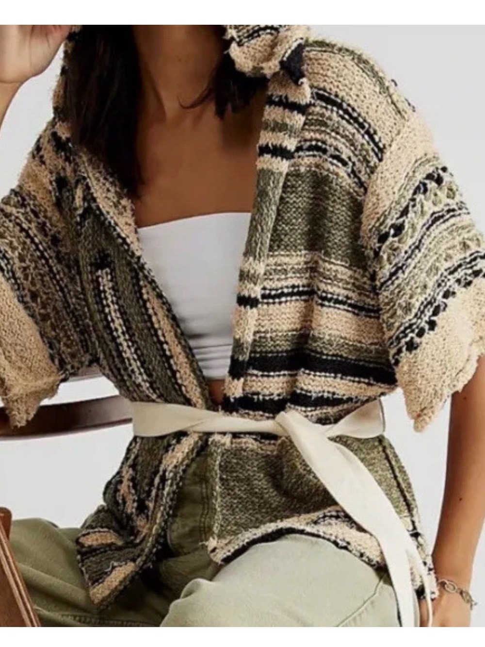 Free People Olive Beige Combo Desert Palms Wrap Cardi